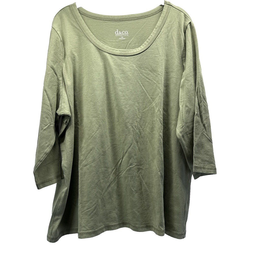 Denim & Co Women's Top Size 1X Plus Solid Green 3/4 Sleeve Cotton Blend Pullover
